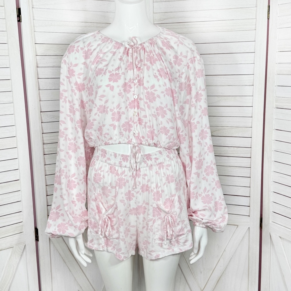 Salty Lemon Floral Crop Blouse Shorts Set White Pink Medium Cottagecore Resort